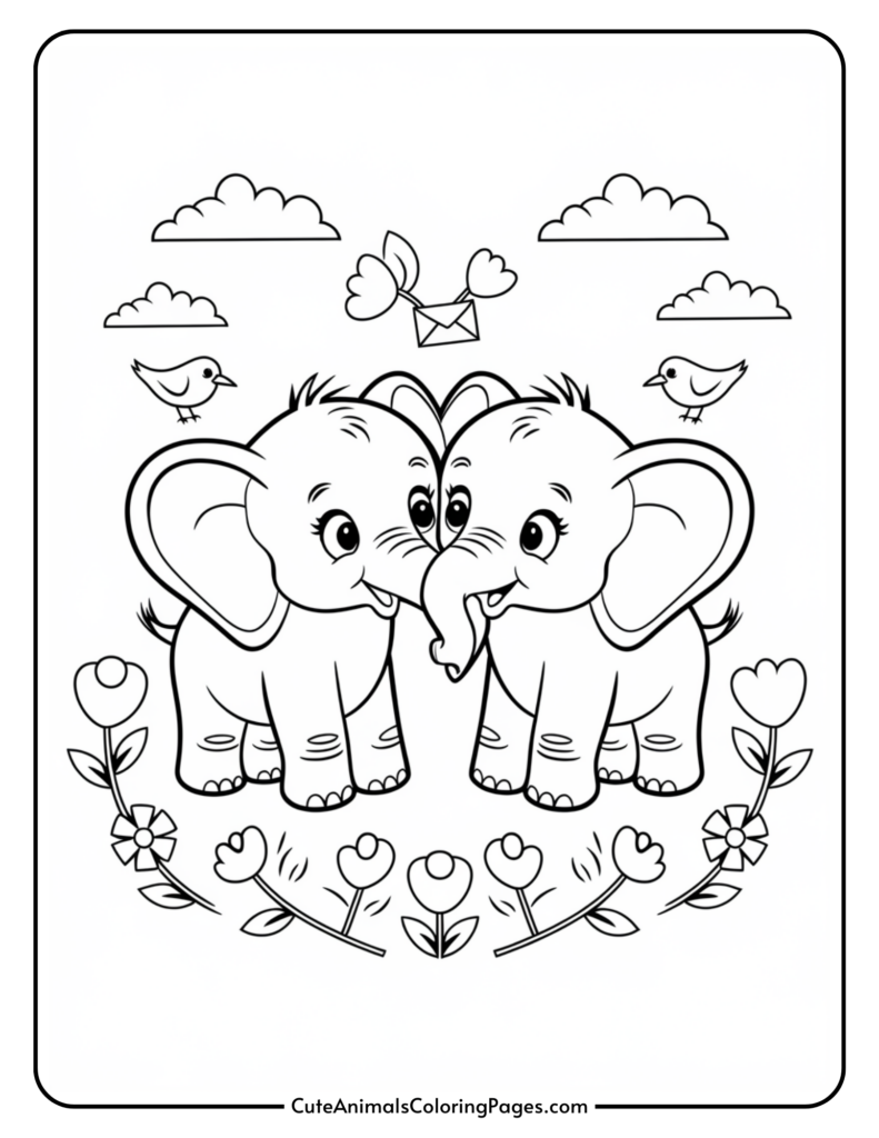 Two cartoon elephants facing each other, surrounded by flowers, birds, clouds, and a flying envelope above them.