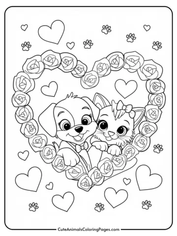 A cute cartoon dog and cat inside a heart-shaped rose wreath, surrounded by hearts and paw prints.