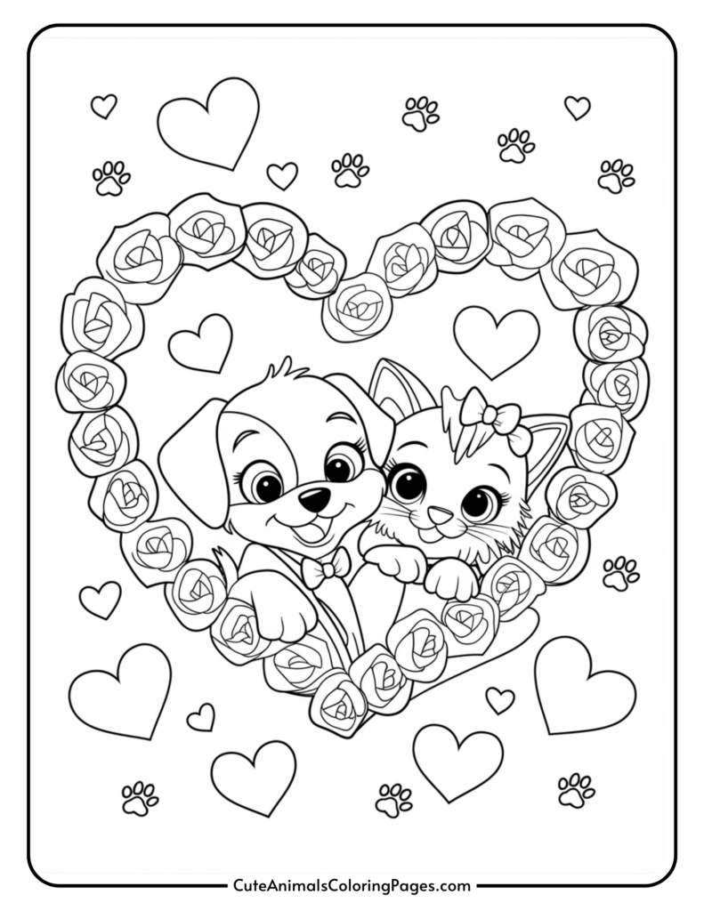 A cute cartoon dog and cat inside a heart-shaped rose wreath, surrounded by hearts and paw prints.