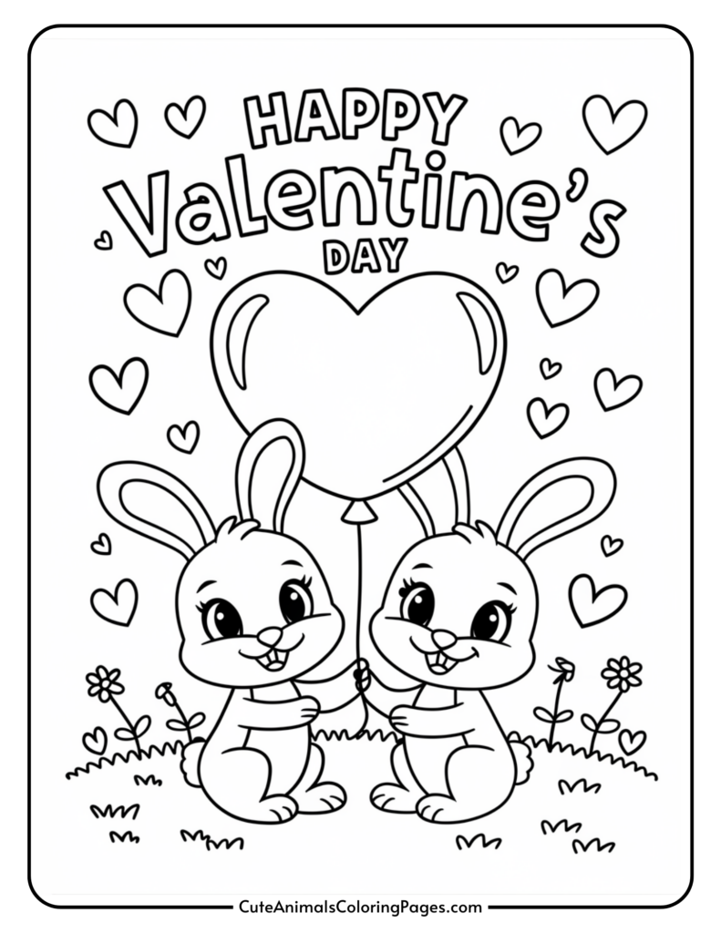 Two cartoon bunnies holding a heart-shaped balloon with "Happy Valentine's Day" written above, surrounded by hearts and flowers.