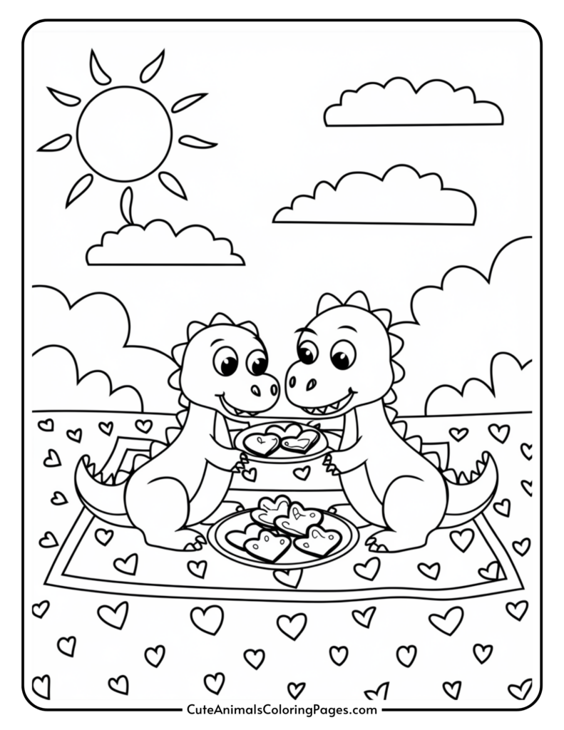 Two cartoon dinosaurs having a picnic with heart-shaped food on a blanket with heart decorations, under a sunny sky with clouds.