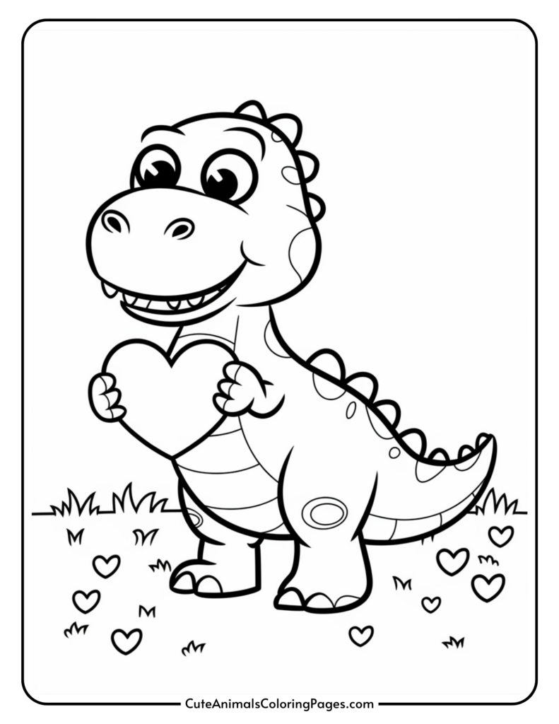 Cute dinosaur holding a heart, standing among small hearts and grass.