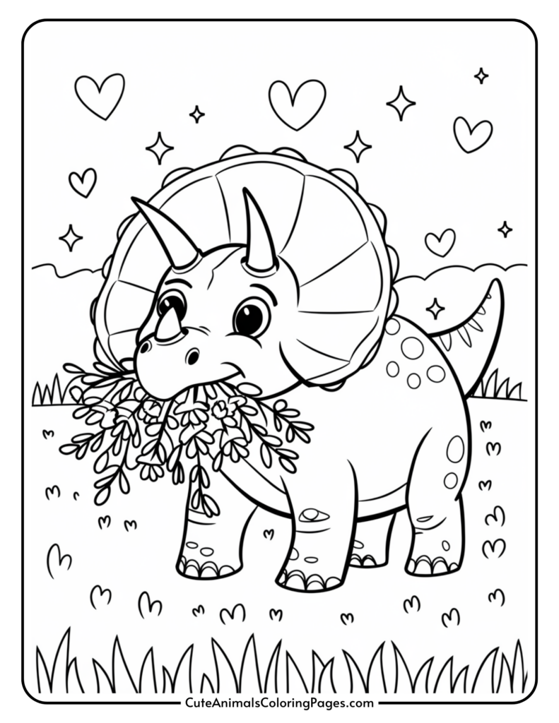 Cute cartoon triceratops eating flowers in a grassy field with hearts and stars in the background.