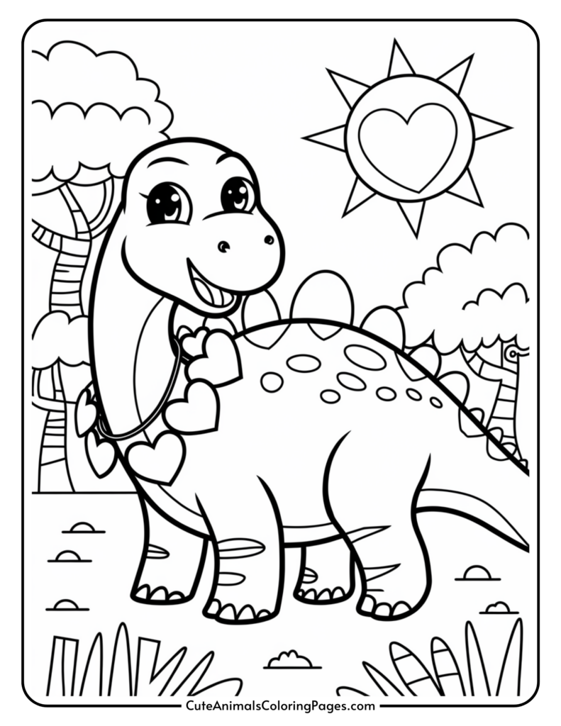 A cute dinosaur with heart-shaped decorations, smiling under a sun with a heart in the center, surrounded by trees and grass.