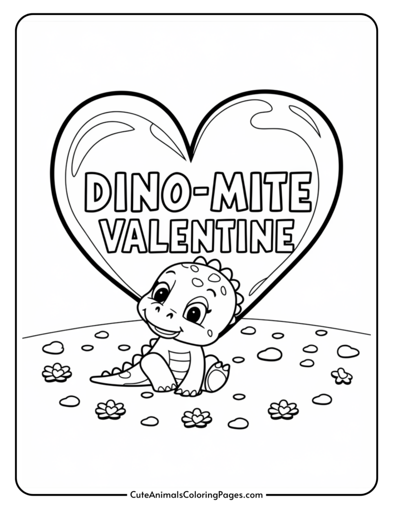 Cute dinosaur with heart saying "Dino-mite Valentine" on a coloring page.