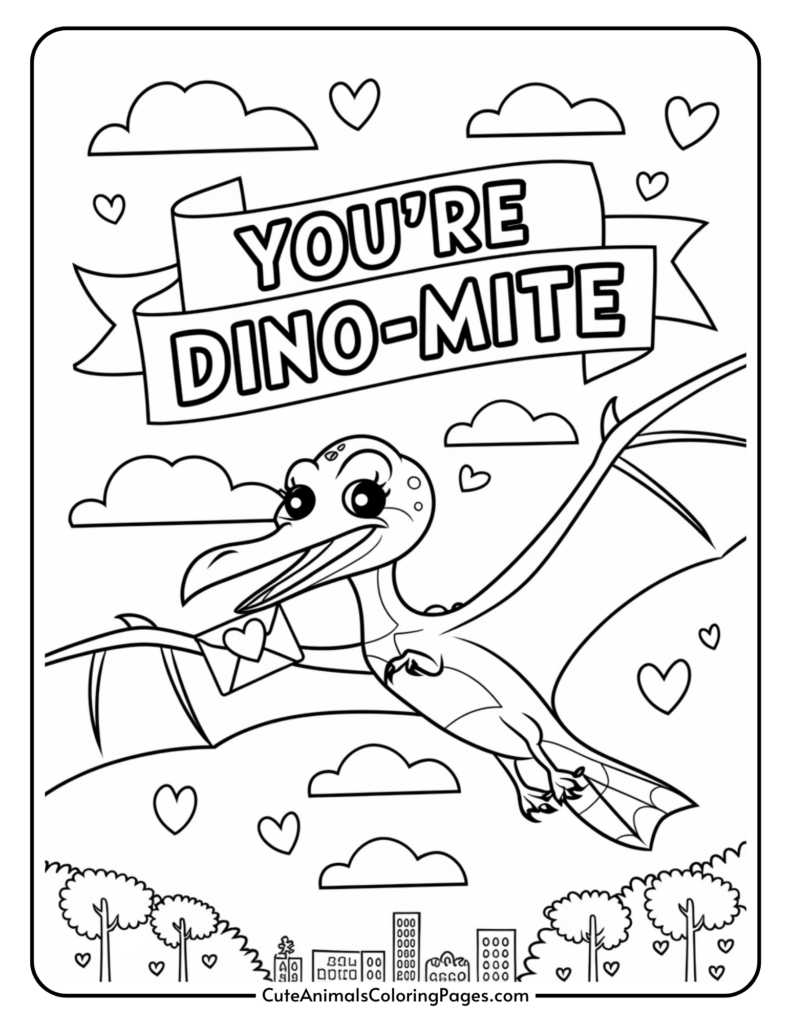 Coloring page featuring a smiling pterodactyl holding an envelope, surrounded by hearts and clouds, with the phrase "You're Dino-Mite" at the top.