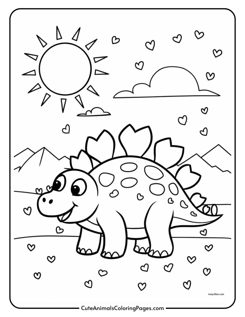 A cute cartoon stegosaurus dinosaur on a sunny day with hearts and clouds in the background.