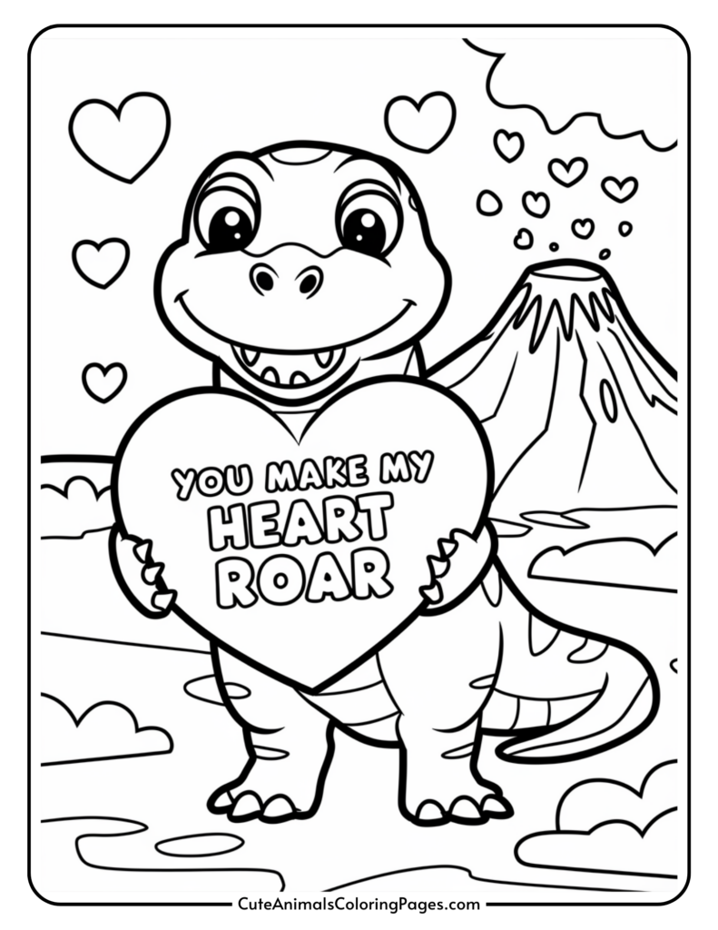 A cartoon dinosaur holding a heart with the text "You make my heart roar" in front of a volcano background with floating hearts.