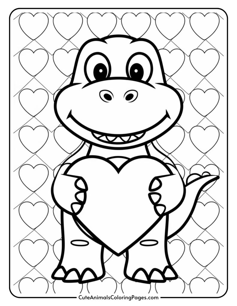 Cartoon dinosaur holding a heart with a background of heart patterns.