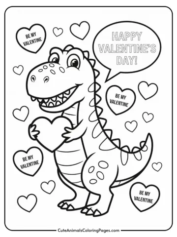 A cartoon dinosaur holding a heart with a speech bubble saying 