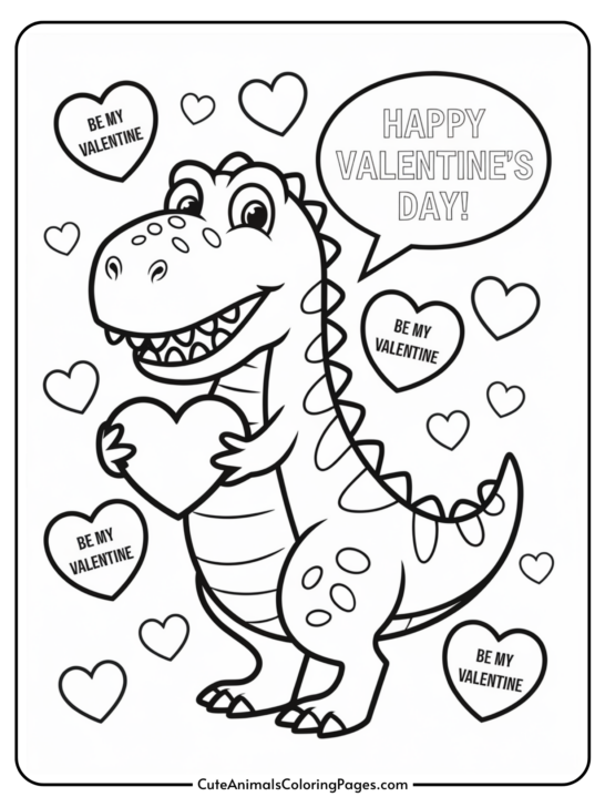 Dinosaur Valentine Coloring Page (10 Free Printables)