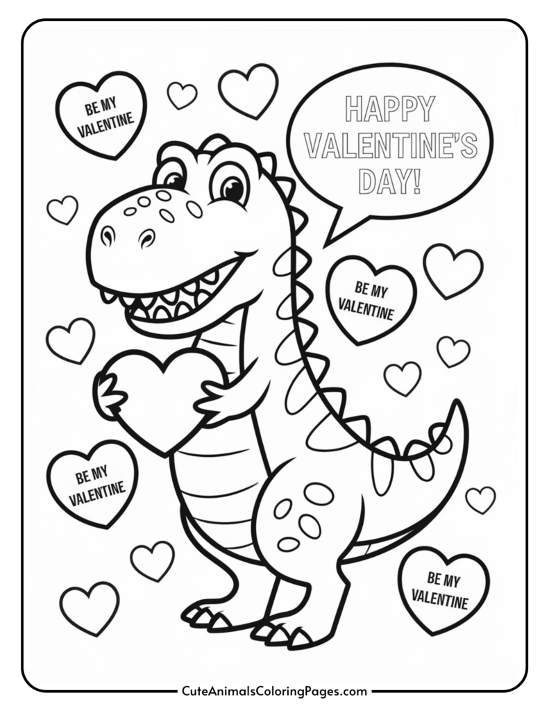 A cartoon dinosaur holding a heart with a speech bubble saying "Happy Valentine's Day!" surrounded by hearts with "Be My Valentine."