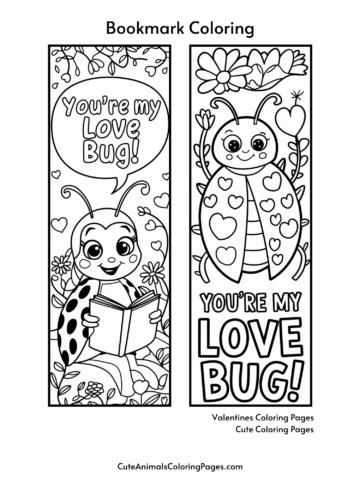 Two Valentine's Day-themed bookmark coloring pages featuring ladybugs with the text 