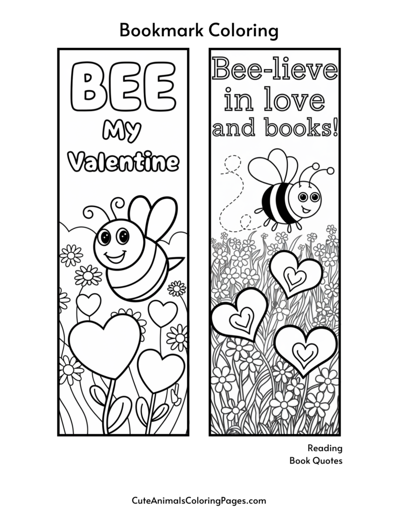 Coloring bookmarks with bee illustrations and messages: "BEE My Valentine" and "Bee-lieve in love and books!" featuring hearts and flowers.