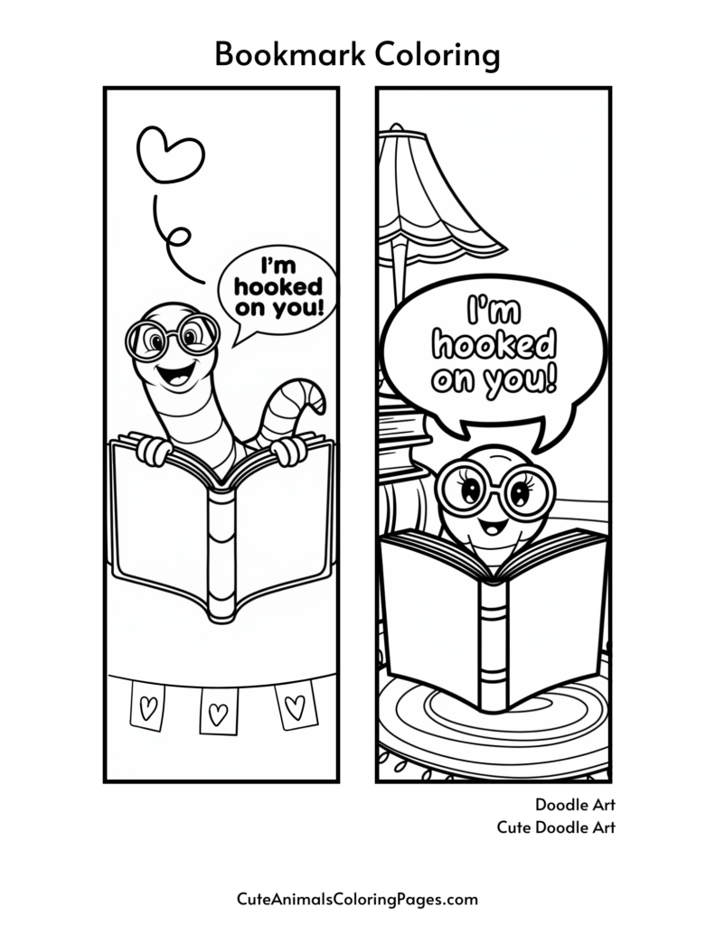 Coloring bookmarks featuring a cartoon bookworm with glasses reading a book, saying "I'm hooked on you!"