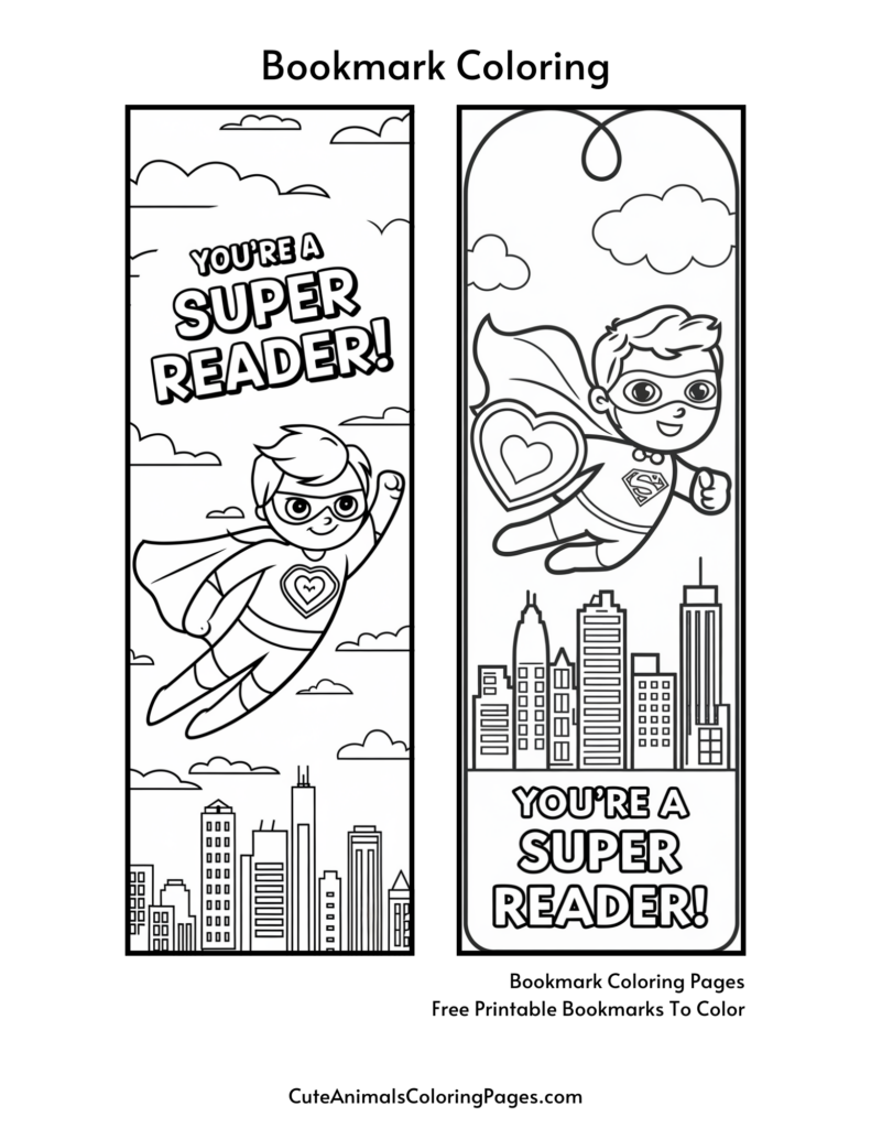 Coloring bookmarks featuring a superhero character flying over a city with the text "You're a Super Reader!"