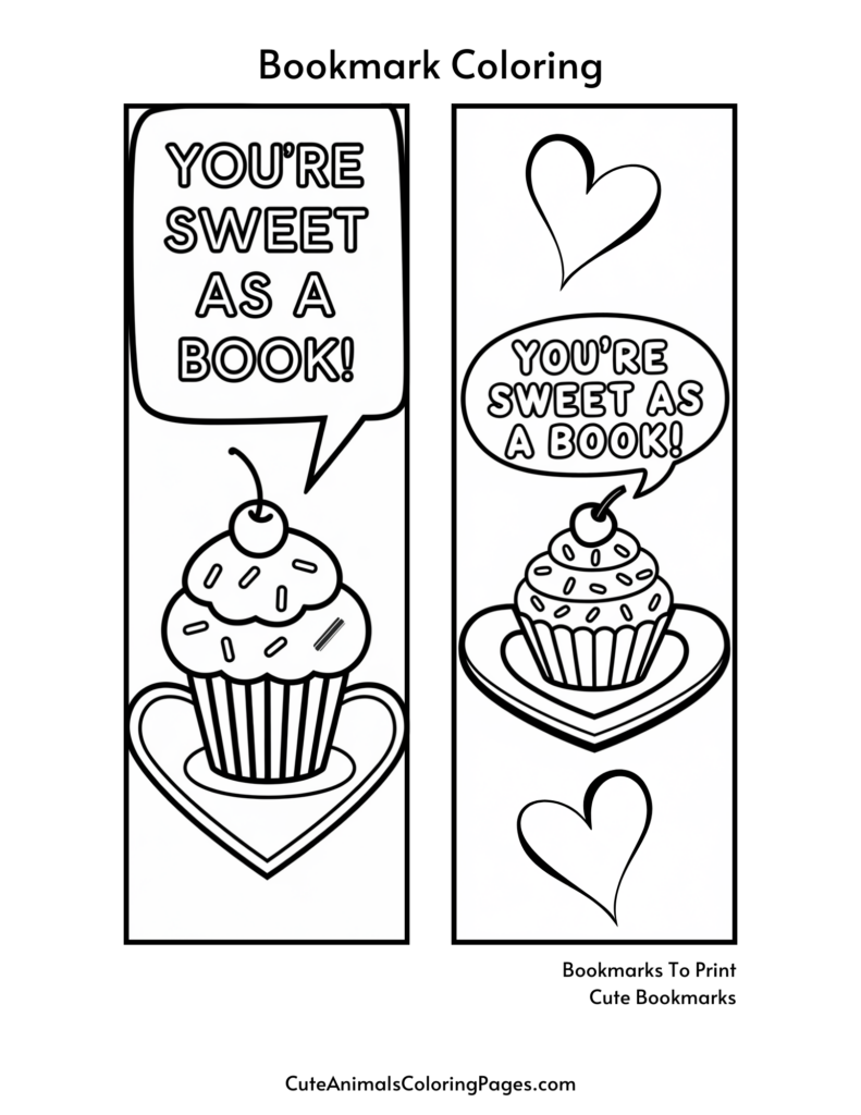 Two bookmark coloring pages featuring cupcakes with sprinkles and the phrase "You're Sweet as a Book!" above heart shapes.