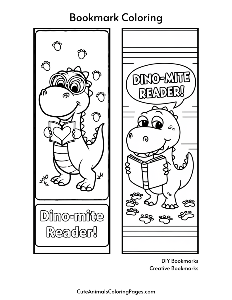 Two dinosaur-themed coloring bookmarks with the phrase "Dino-mite Reader!" featuring cartoon dinosaurs holding books.