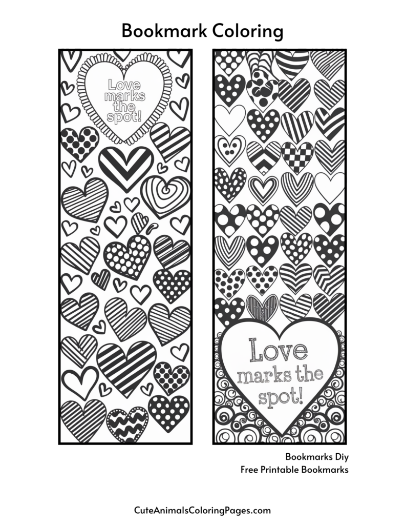 Two black-and-white heart-themed bookmark designs for coloring, each featuring the phrase "Love marks the spot!"