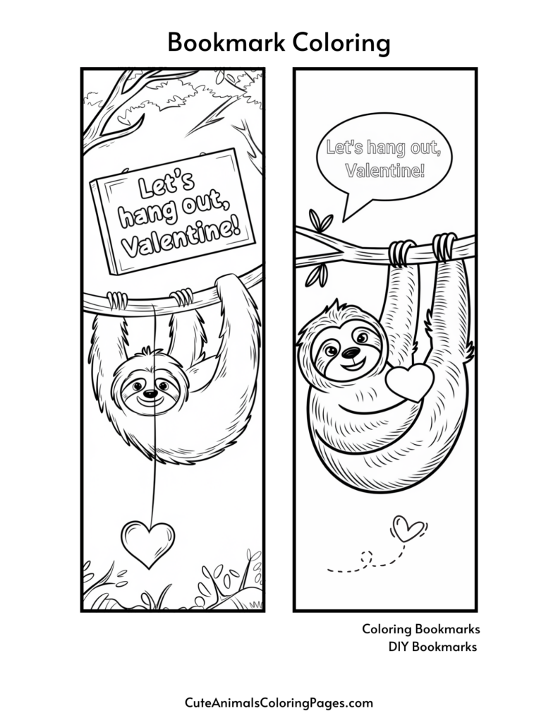 Coloring page with two bookmarks featuring sloths. The left bookmark shows a sloth holding a sign saying "Let's hang out, Valentine!" The right bookmark shows a sloth holding a heart, also with "Let's hang out, Valentine!"