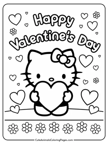 Coloring page with a cartoon character holding a big heart, surrounded by smaller hearts and flowers, with the text 