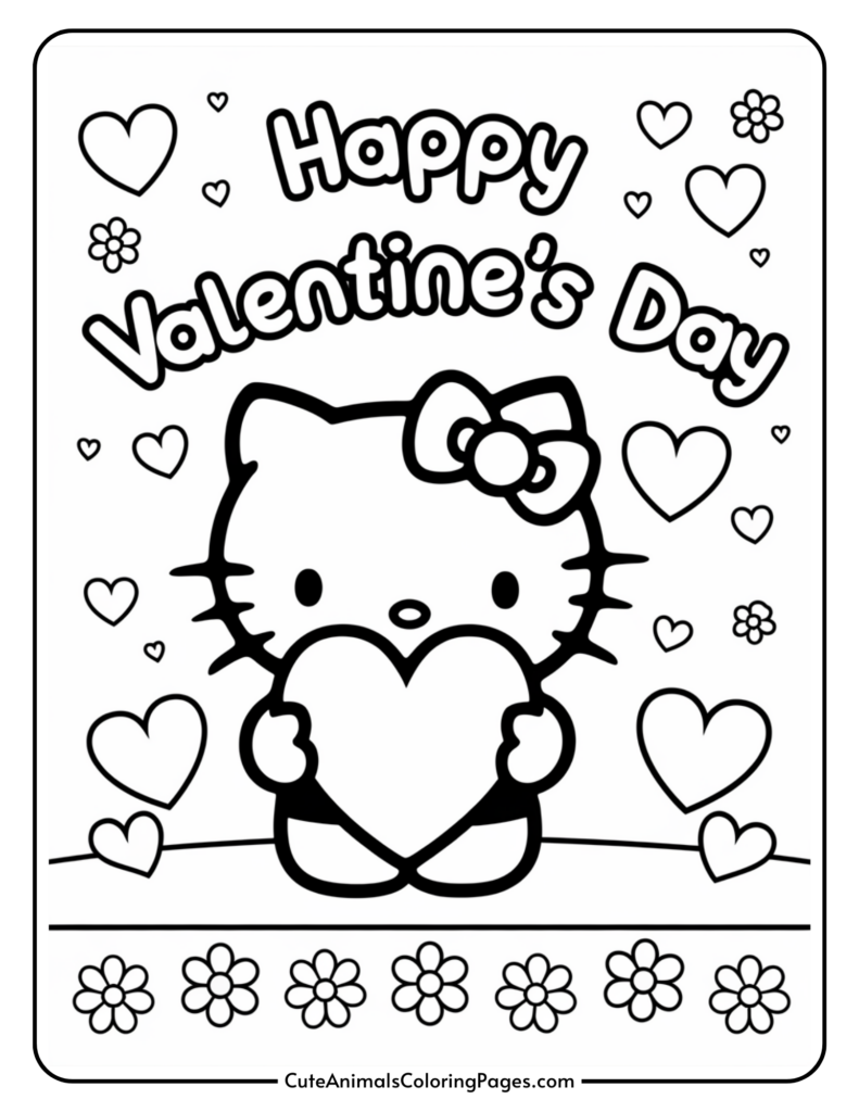 Coloring page with a cartoon character holding a big heart, surrounded by smaller hearts and flowers, with the text "Happy Valentine's Day."