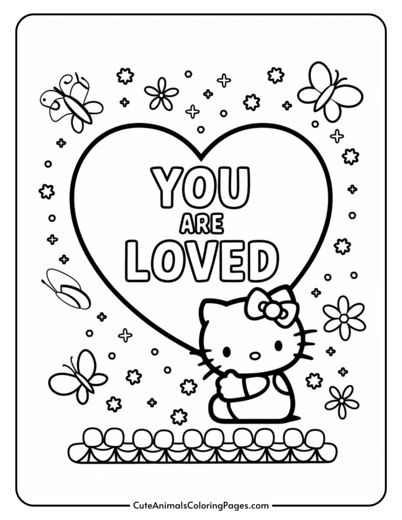 Cute character with a heart-shaped balloon that says "You Are Loved," surrounded by flowers and butterflies.