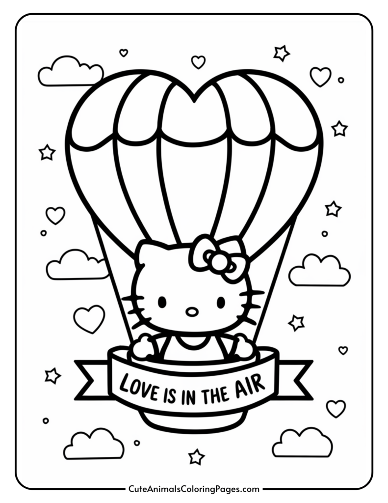 A cute cartoon cat in a hot air balloon with the phrase "Love is in the air," surrounded by clouds, hearts, and stars.