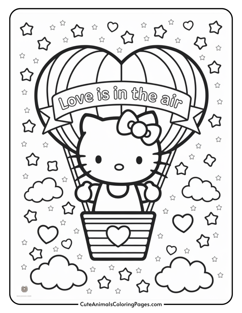 Cartoon cat in a hot air balloon with "Love is in the air" banner, surrounded by stars and clouds.