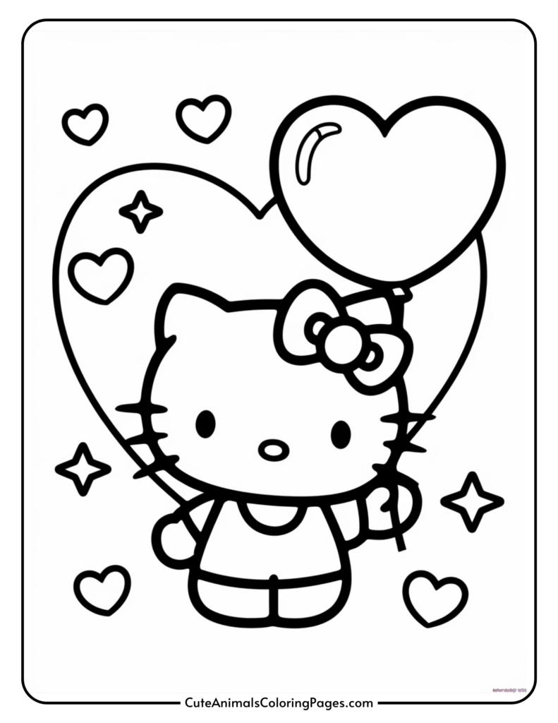 Cartoon cat with a bow holding a heart-shaped balloon surrounded by hearts and stars.