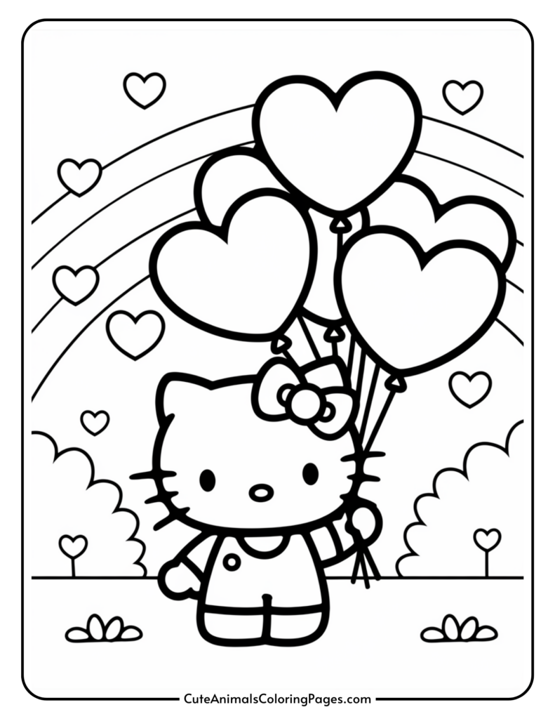 Cartoon cat holding heart-shaped balloons with a rainbow in the background.