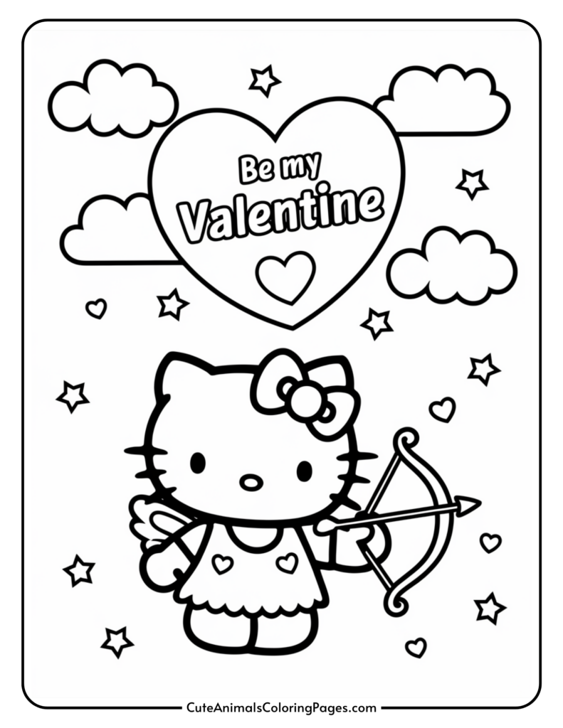 Hello Kitty as Cupid with a bow and arrow, surrounded by hearts, clouds, and stars, under a heart with "Be my Valentine" text.