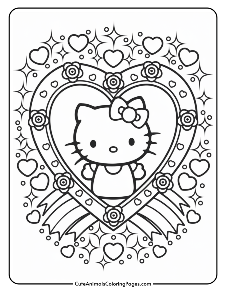 A cartoon cat character inside a decorative heart with flowers and ribbons, surrounded by stars and hearts, coloring page.