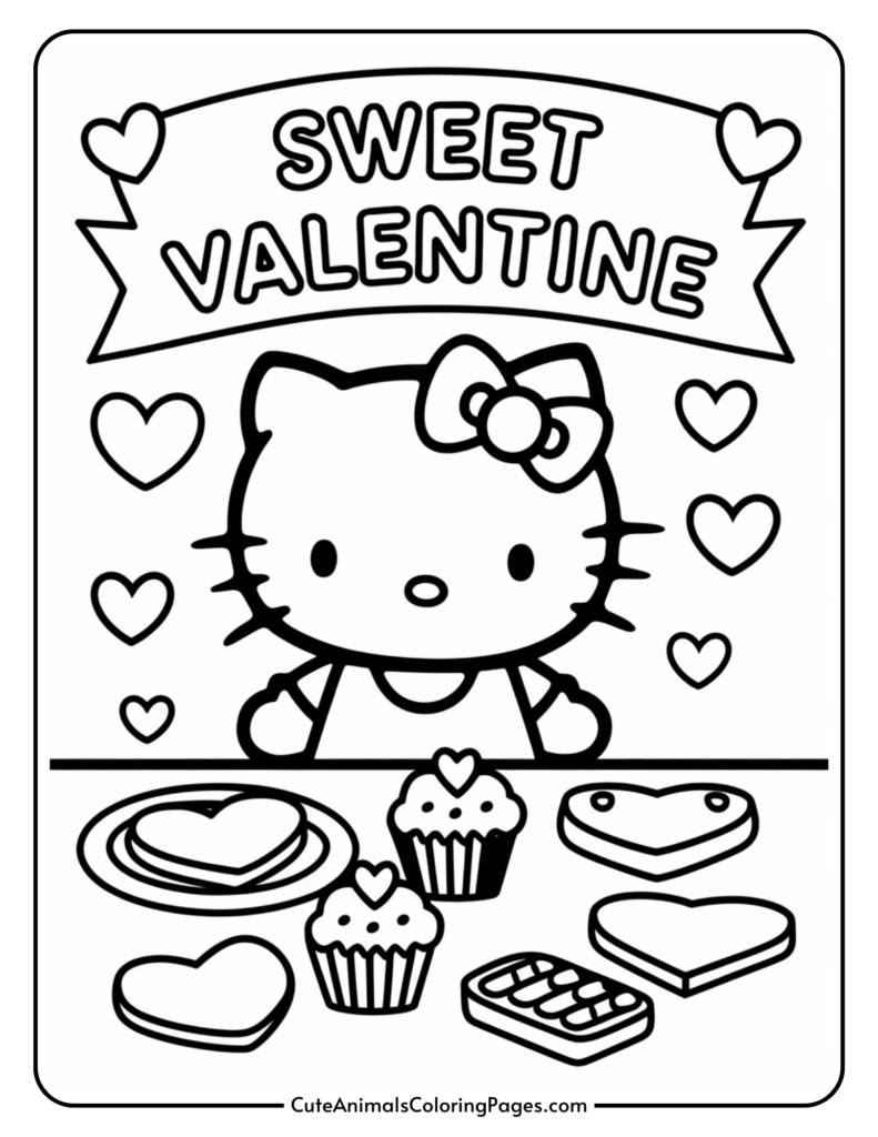 A cute cartoon character with a bow surrounded by hearts, cupcakes, and cookies, under a banner saying "Sweet Valentine."