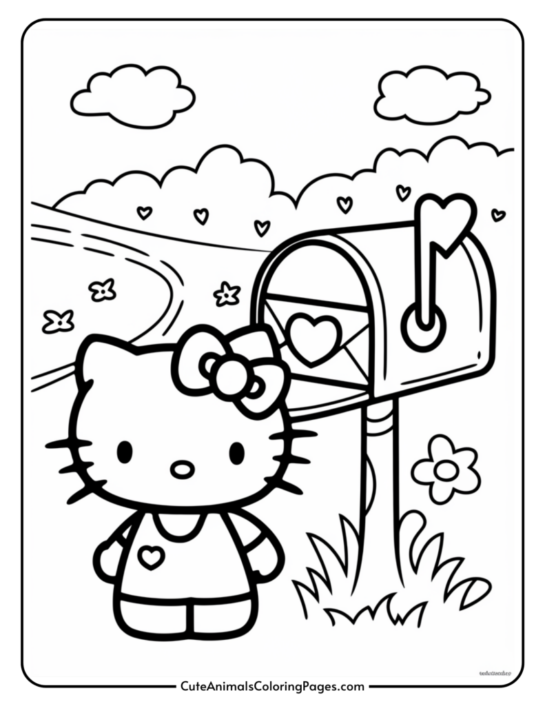 A cartoon cat character next to a mailbox with a heart on it, surrounded by flowers, grass, and clouds.