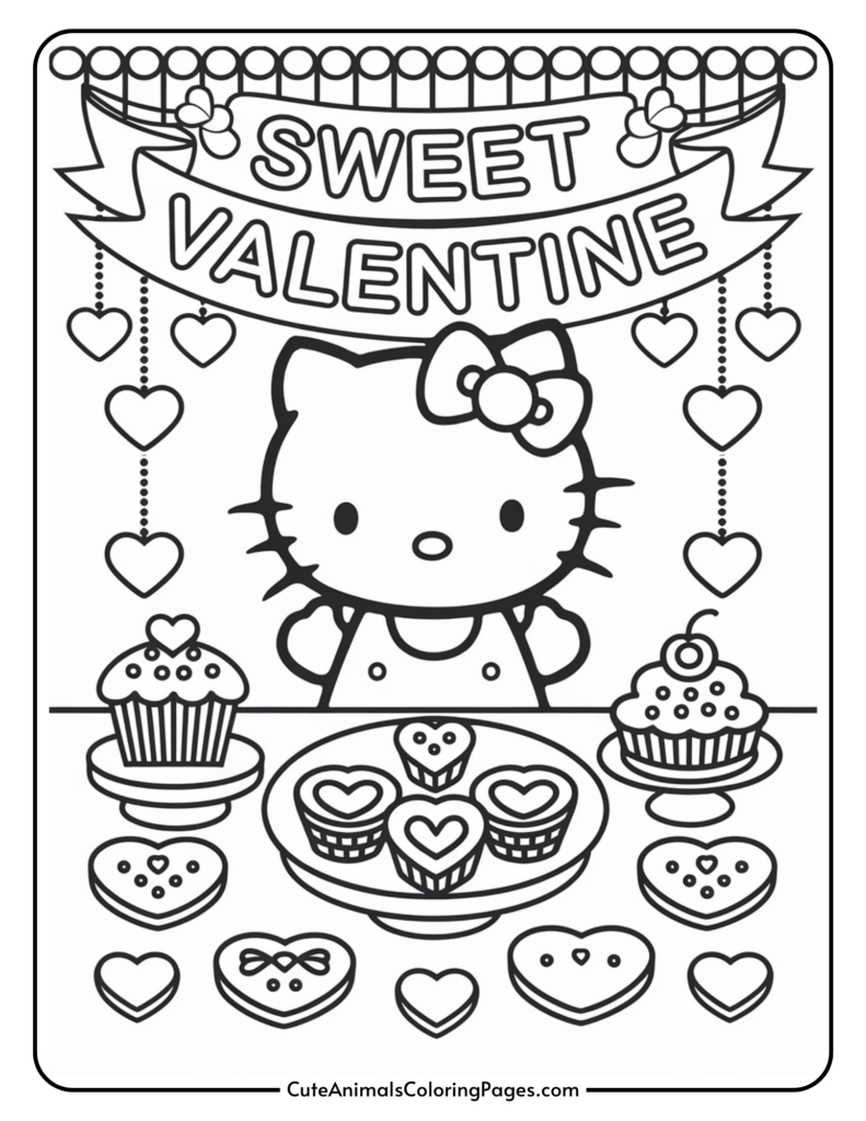 Cartoon cat character with bow, surrounded by heart-shaped decorations, cupcakes, and cookies; banner reads "Sweet Valentine."