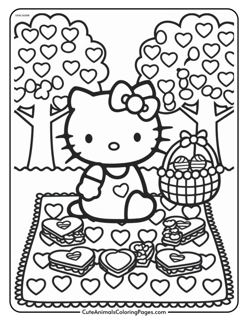 A cartoon cat with a bow sitting on a picnic blanket with heart-shaped sandwiches and cupcakes, surrounded by trees with heart-shaped leaves.