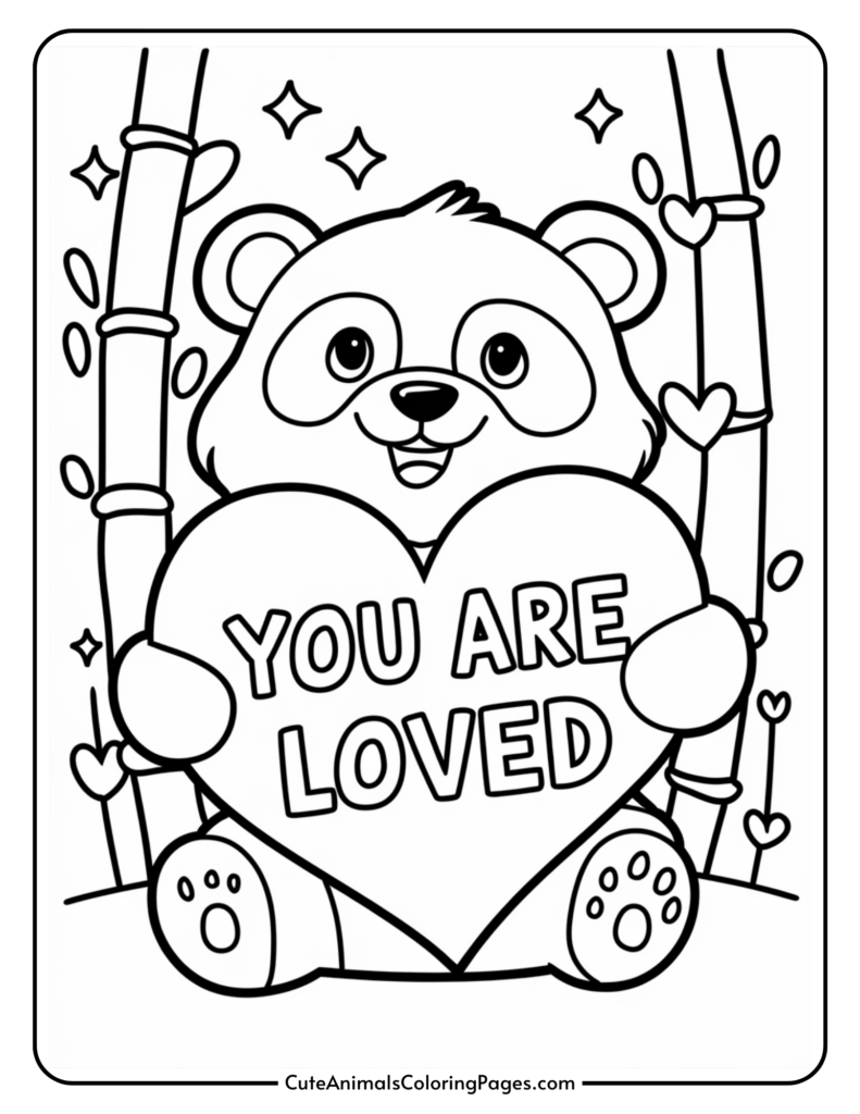 Cute cartoon bear holding a heart with "YOU ARE LOVED" written on it, surrounded by bamboo and hearts.