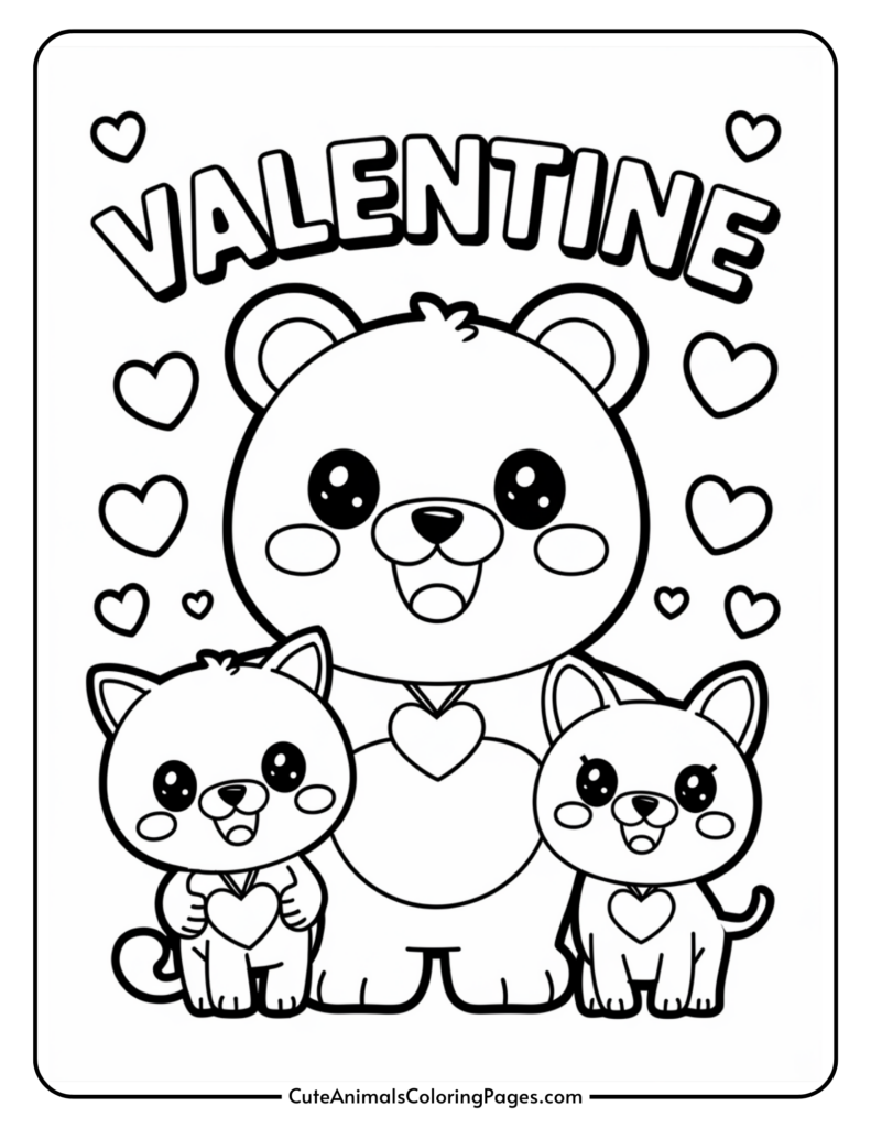 Cute coloring page featuring a bear and two kittens with hearts and the word "Valentine" above them.