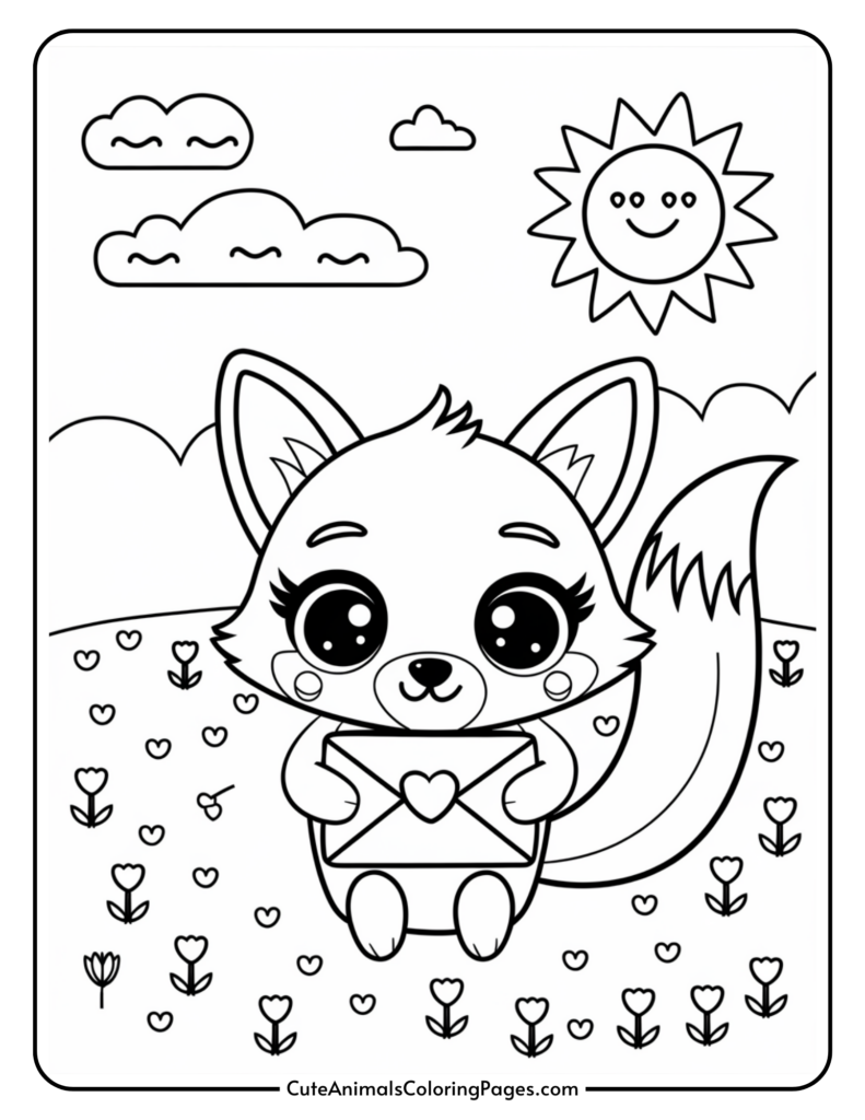 Cute cartoon fox holding an envelope with a heart, surrounded by flowers, under a smiling sun and clouds.