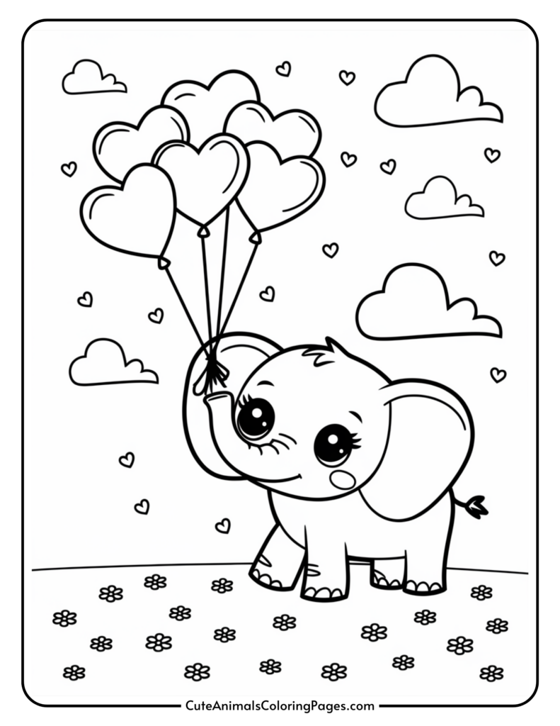 A cartoon elephant holding heart-shaped balloons in a field with flowers and clouds.