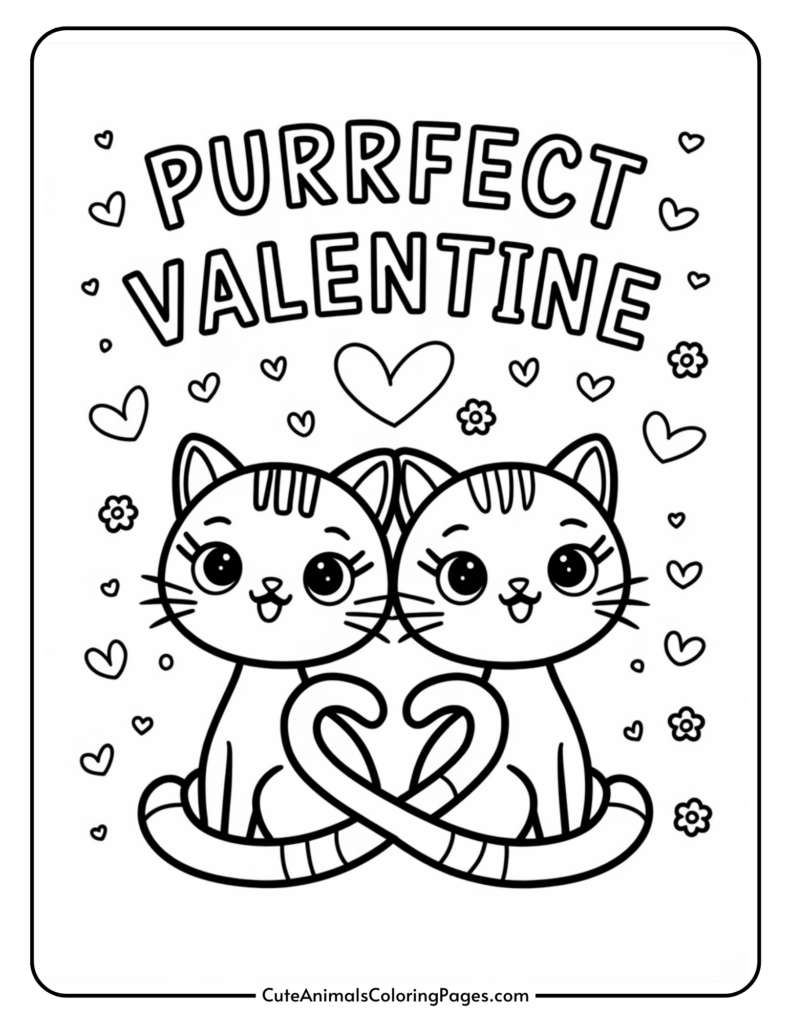 Two cartoon cats with intertwined tails under the text "Purrfect Valentine," surrounded by hearts and flowers.