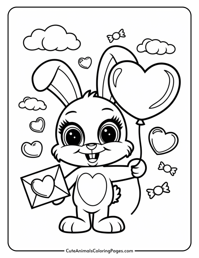 Cartoon bunny holding a heart-shaped balloon and an envelope with a heart, surrounded by clouds and candies.