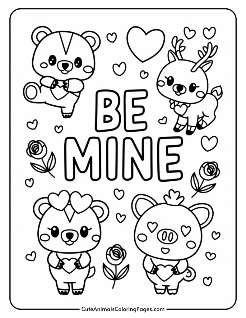 Coloring page featuring cute animals and the phrase "Be Mine," with hearts and roses.