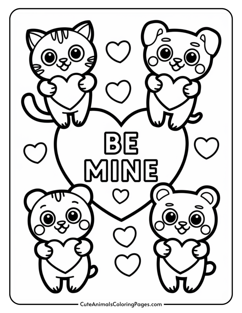 Cute animals holding hearts around a large heart with the text "Be Mine" and small hearts scattered in the background.