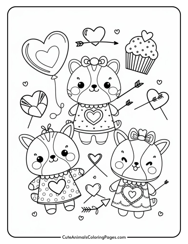 Three cute cartoon animals with hearts and arrows, balloons, and a cupcake in a coloring page.