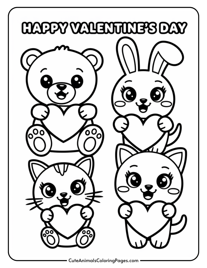 Cute cartoon animals holding hearts with "Happy Valentine's Day" text above.