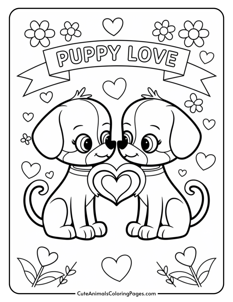 Two cartoon puppies sitting together holding a heart, surrounded by flowers and hearts, with a banner above reading "Puppy Love".