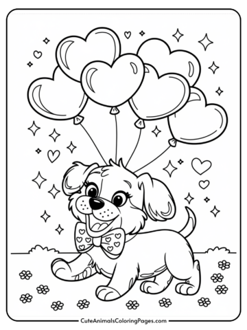 A cartoon puppy with heart-shaped balloons tied to its back, surrounded by stars and hearts.