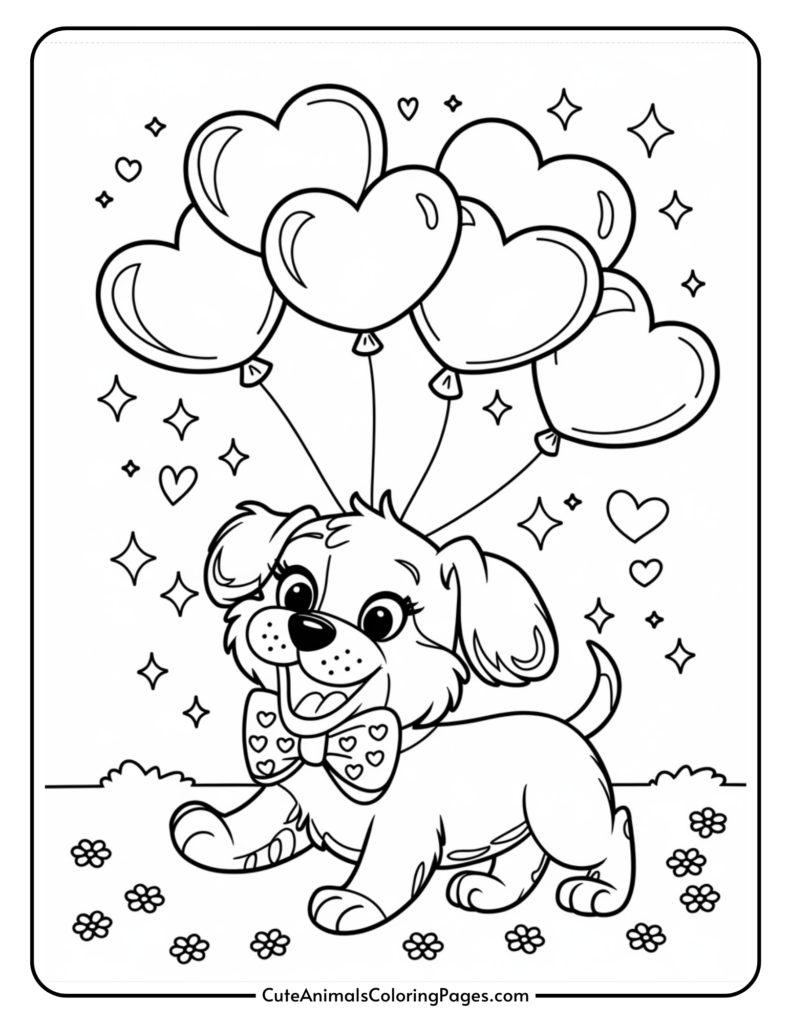 A cartoon puppy with heart-shaped balloons tied to its back, surrounded by stars and hearts.